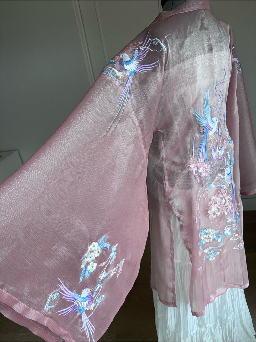 Sheer Pink Embroidered Kimono with Blue Bird Motif - Picture 5 of 8